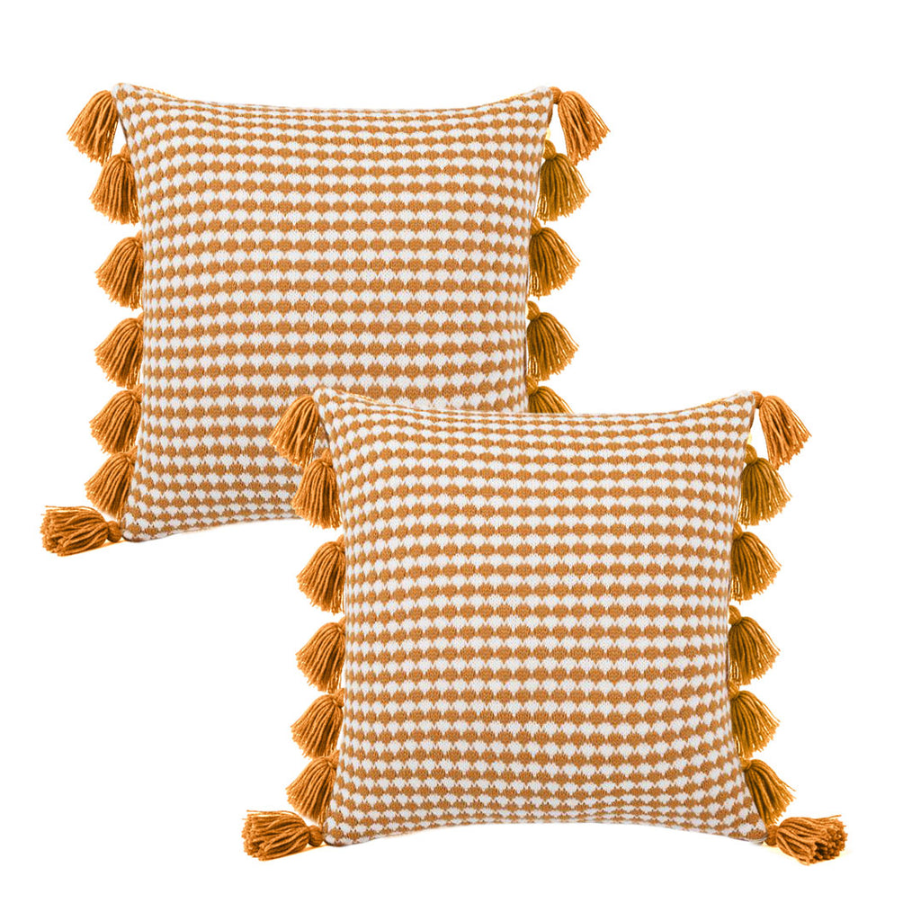 SOGA 2X 45cm Orange Houndstooth Pillow Cover with Tassels