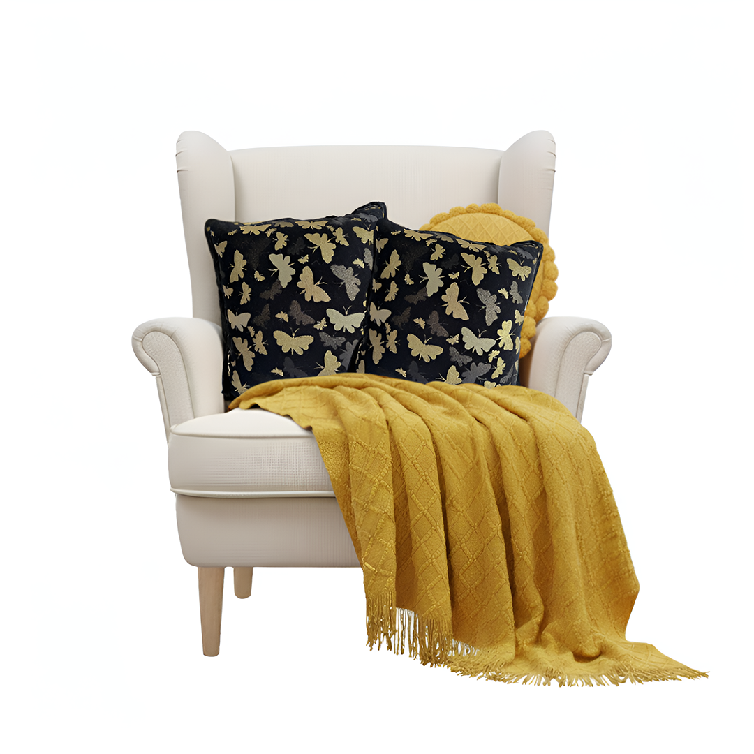 SOGA 4PC Yellow Diamond Knitted Throw Blanket with Tassels, 2x 45cm Vintage Butterfly & 45cm Quilted Luxury Pillowcases