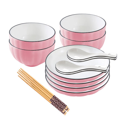 SOGA 8 pcs Set Pink Japanese Style Ceramic Dinnerware Crockery Soup Bowl Plate Server Kitchen Home Decor