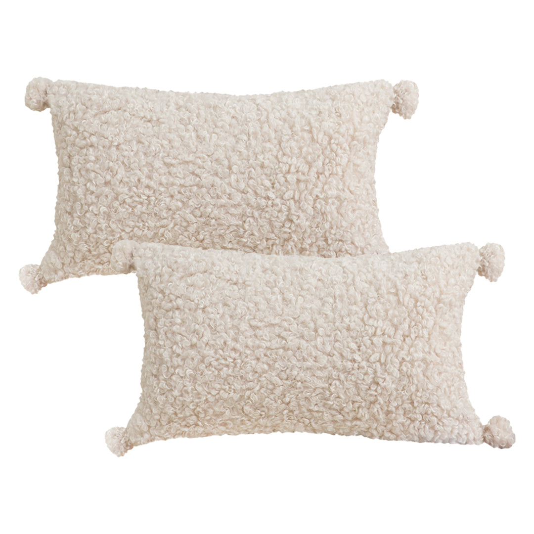 SOGA 2X 30x50cm Cream Bouclé Lumbar Pillow with Corner Tassels