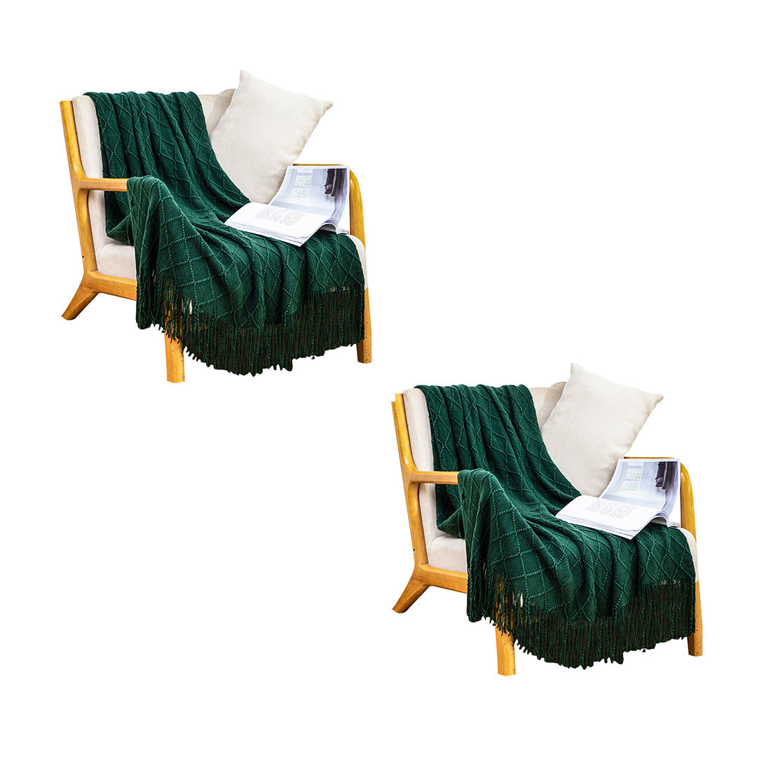 SOGA 2X Diamond Pattern Knitted Throw Blanket – Warm Cozy Woven Cover with Tassels for Couch, Bed, Sofa, Home Decor, Green