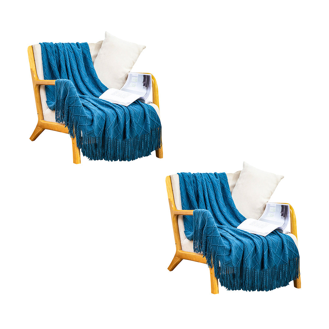 SOGA 2X Diamond Pattern Knitted Throw Blanket – Warm Cozy Woven Cover with Tassels for Couch, Bed, Sofa, Home Decor, Royal Blue