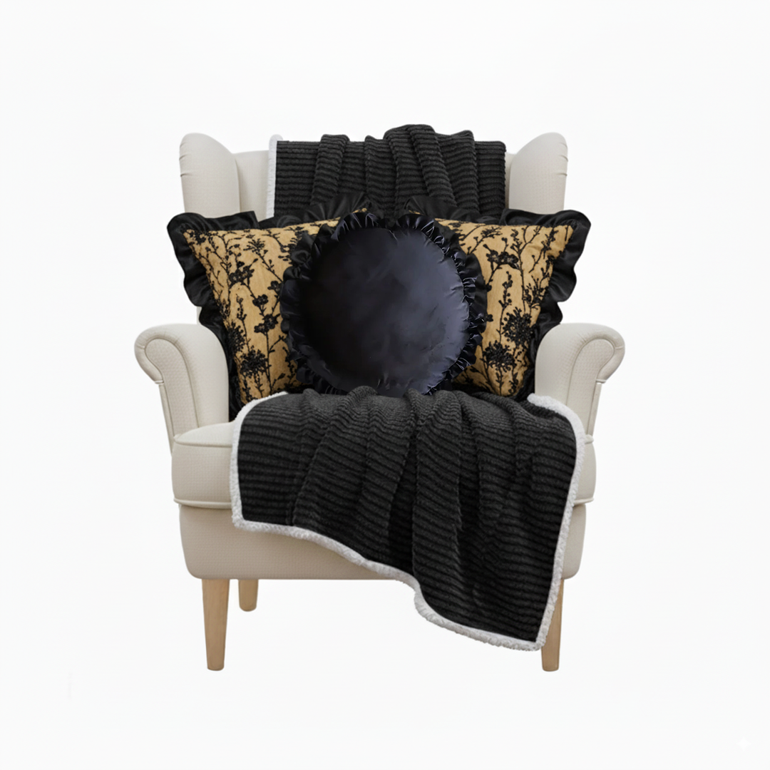 SOGA 4PC Set – Flannel Throw Blanket + Black & Gold Velvet Pillowcases & Lotus Round Pillow – Cozy Luxury Home Decor