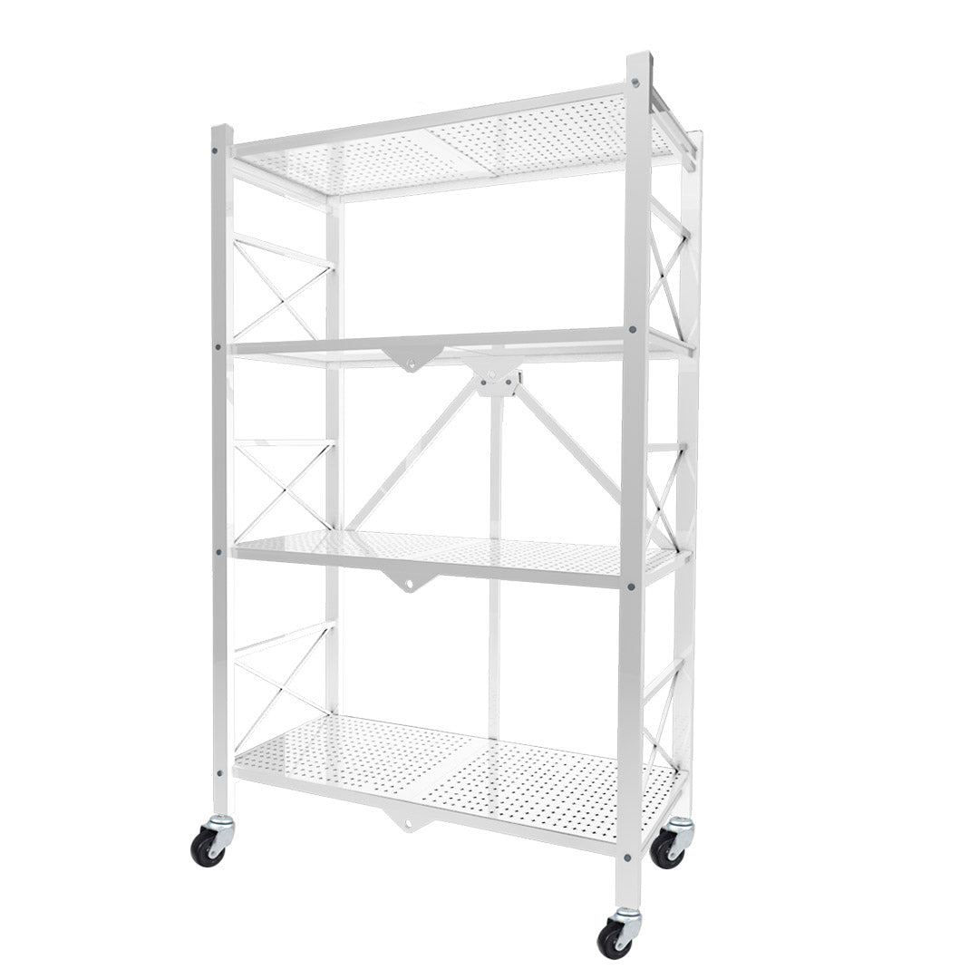 SOGA 4 Tier Steel White Foldable Display Stand Multi-Functional Shelves Portable Storage Organizer with Wheels