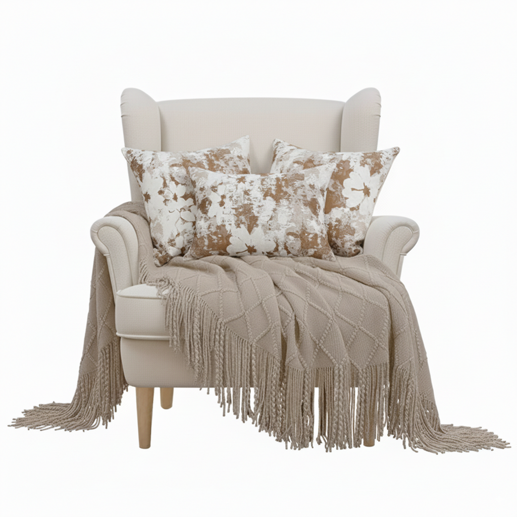 SOGA 4PC Set – Coffee Diamond Knitted Throw with Tassel + Rustic Bloom Pillowcases – Cozy Elegant Decor