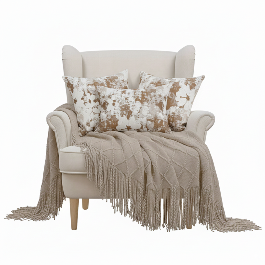 SOGA 4PC Set – Coffee Diamond Knitted Throw with Tassel + Rustic Bloom Pillowcases – Cozy Elegant Decor