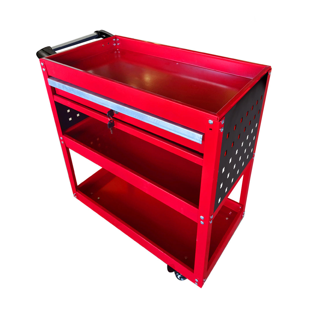 SOGA 3 Tier Tool Storage Cart Portable Service Utility Heavy Duty Mobile Trolley with Drawer and Hooks Red