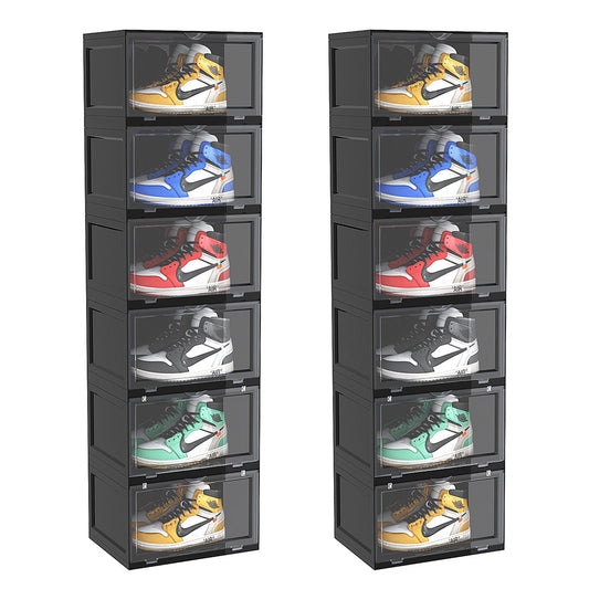 SOGA 2X 6 Tier Black Portable Shoe Organiser Sneaker Footwear Folding Plastic Bin Stackable Storage Box with Magnetic Door