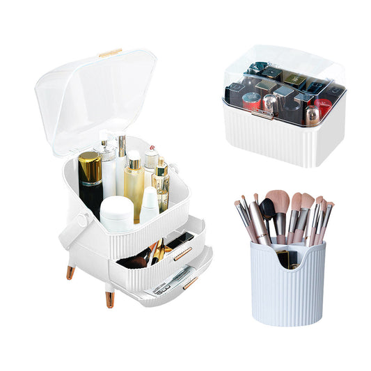 SOGA White Cosmetic Jewelry Storage Organiser Set Makeup Brush Lipstick Skincare Holder Jewelry Storage Box with Handle