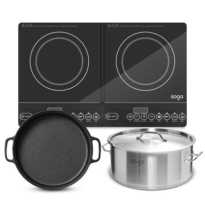 SOGA Dual Burners Cooktop Stove 30cm Cast Iron Skillet and 17L Stainless Steel Stockpot