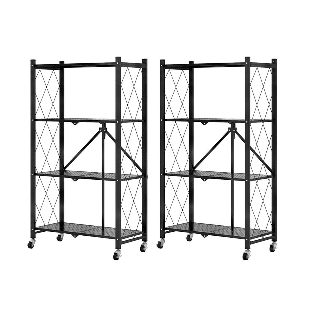 SOGA 2X 4 Tier Steel Black Foldable Kitchen Cart Multi-Functional Shelves Portable Storage Organizer with Wheels