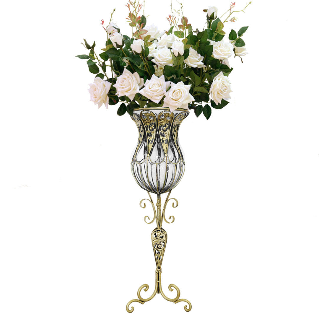 SOGA 85cm Clear Glass Tall Floor Vase with 12pcs White Artificial Fake Flower Set