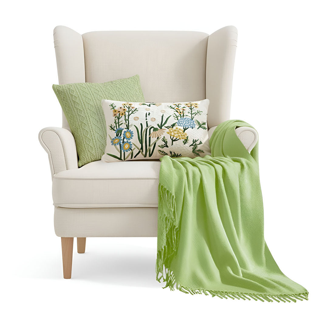 SOGA 3PC Cozy Living Set – Green Knitted Throw Blanket with Decorative Pillow Covers (Cable Knit & Botanical Meadow Design)