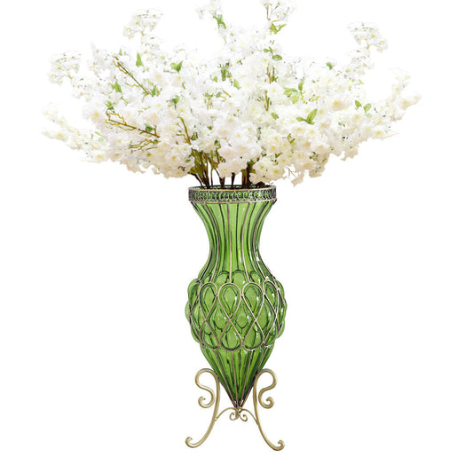 SOGA 67cm Green Glass Tall Floor Vase with 10pcs White Artificial Fake Flower Set