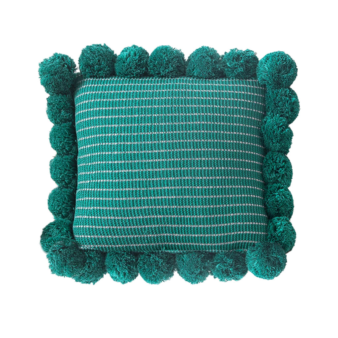 SOGA 45cm Teal Ribbed Pillow Cover with Pom Poms