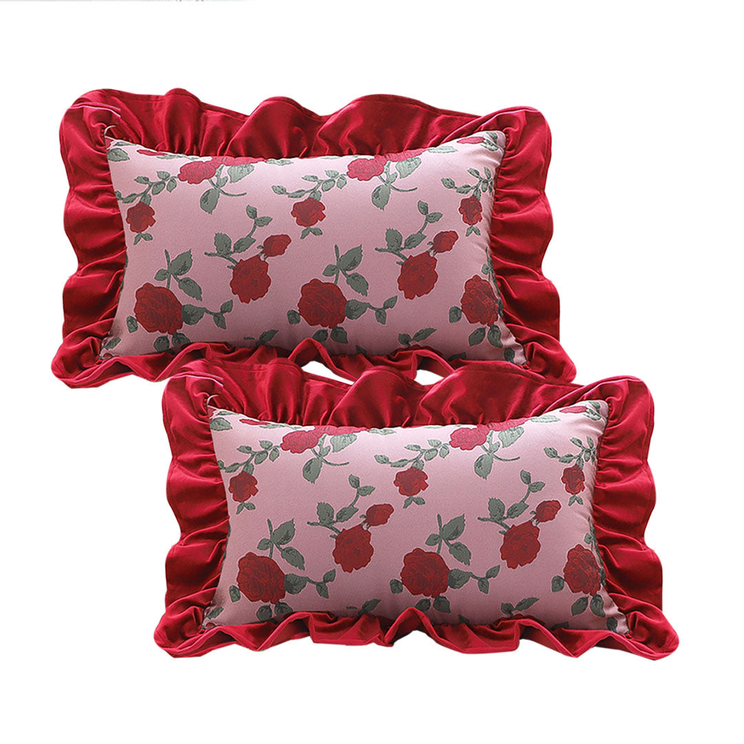 SOGA 2X 30x50cm Rose Print Pillow Covers with Red Ruffle Border – Floral Rectangular Cushion Covers for Sofa, Bed & Home Décor