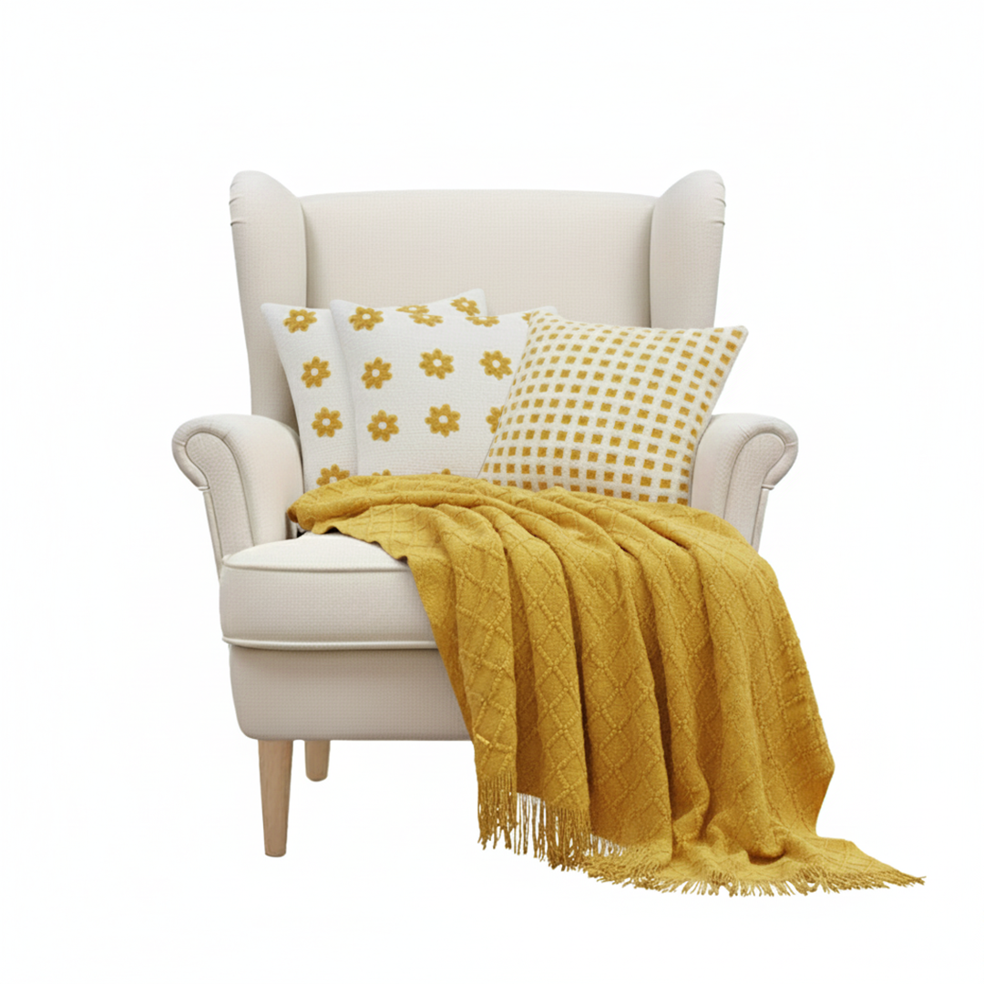 SOGA Yellow Diamond Throw with Tassels + Retro Daisy & Polka Dot Pillowcases – Cozy Home Decor Set