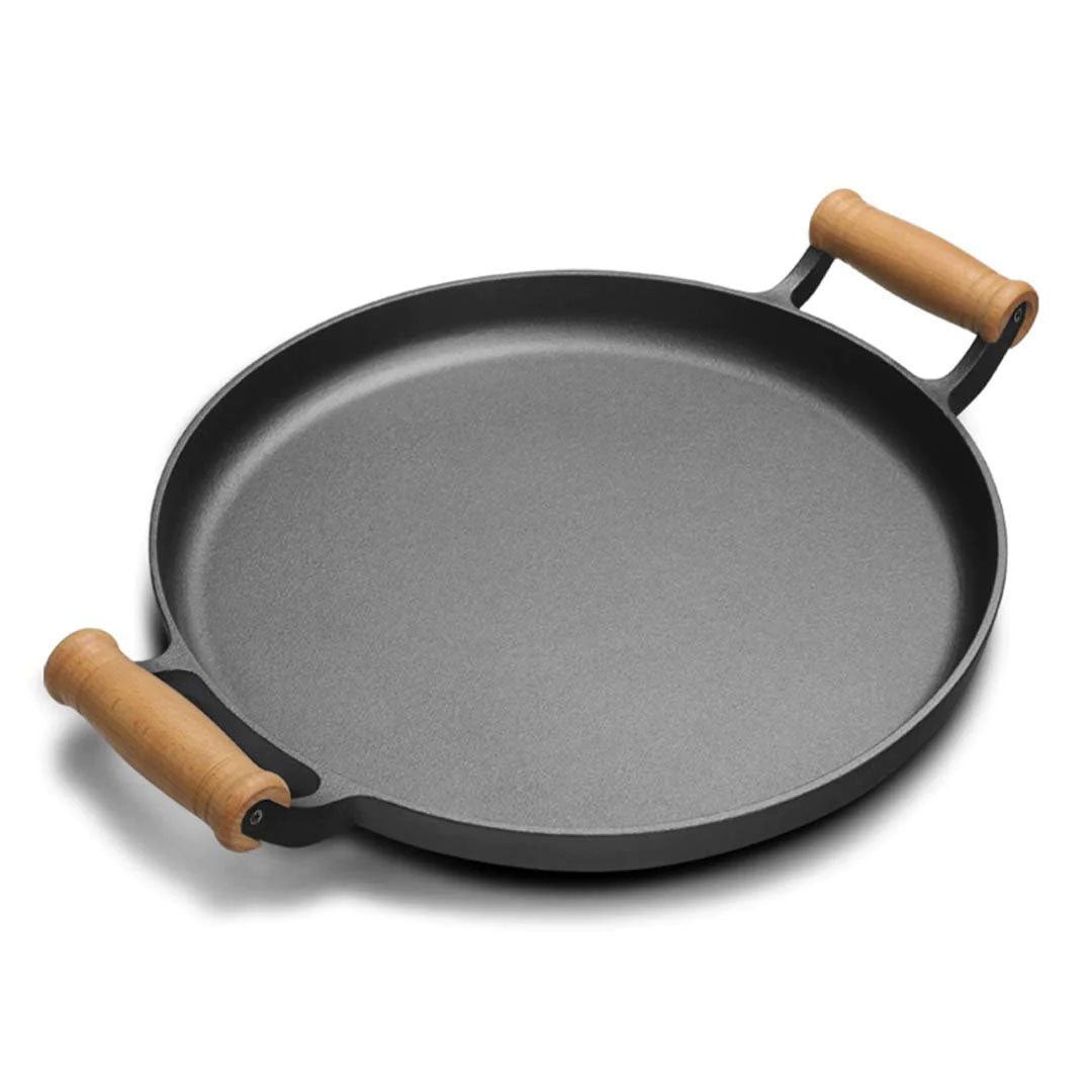 SOGA 35cm Cast Iron Frying Pan Skillet Steak Sizzle Fry Platter With Wooden Handle No Lid