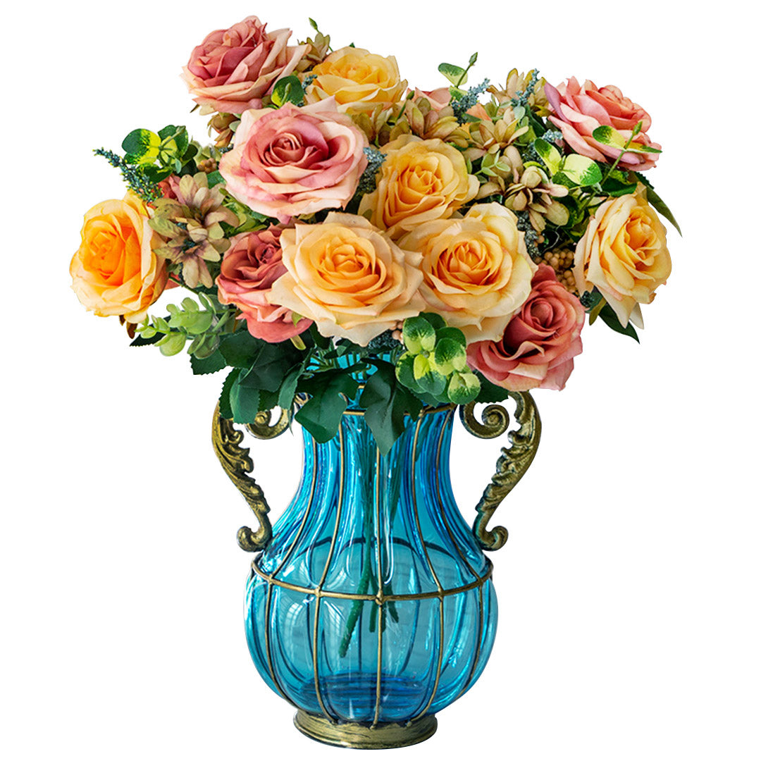 SOGA Blue Colored Glass Flower Vase with 4 Bunch 11 Heads Artificial Fake Silk Rose Home Decor Set