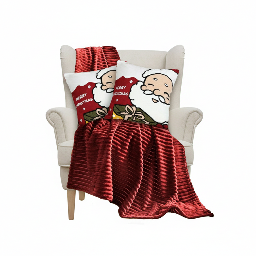 SOGA 3PC Christmas Set – Striped Flannel Throw Blanket with 2 Embroidered Santa Claus Pillow Covers