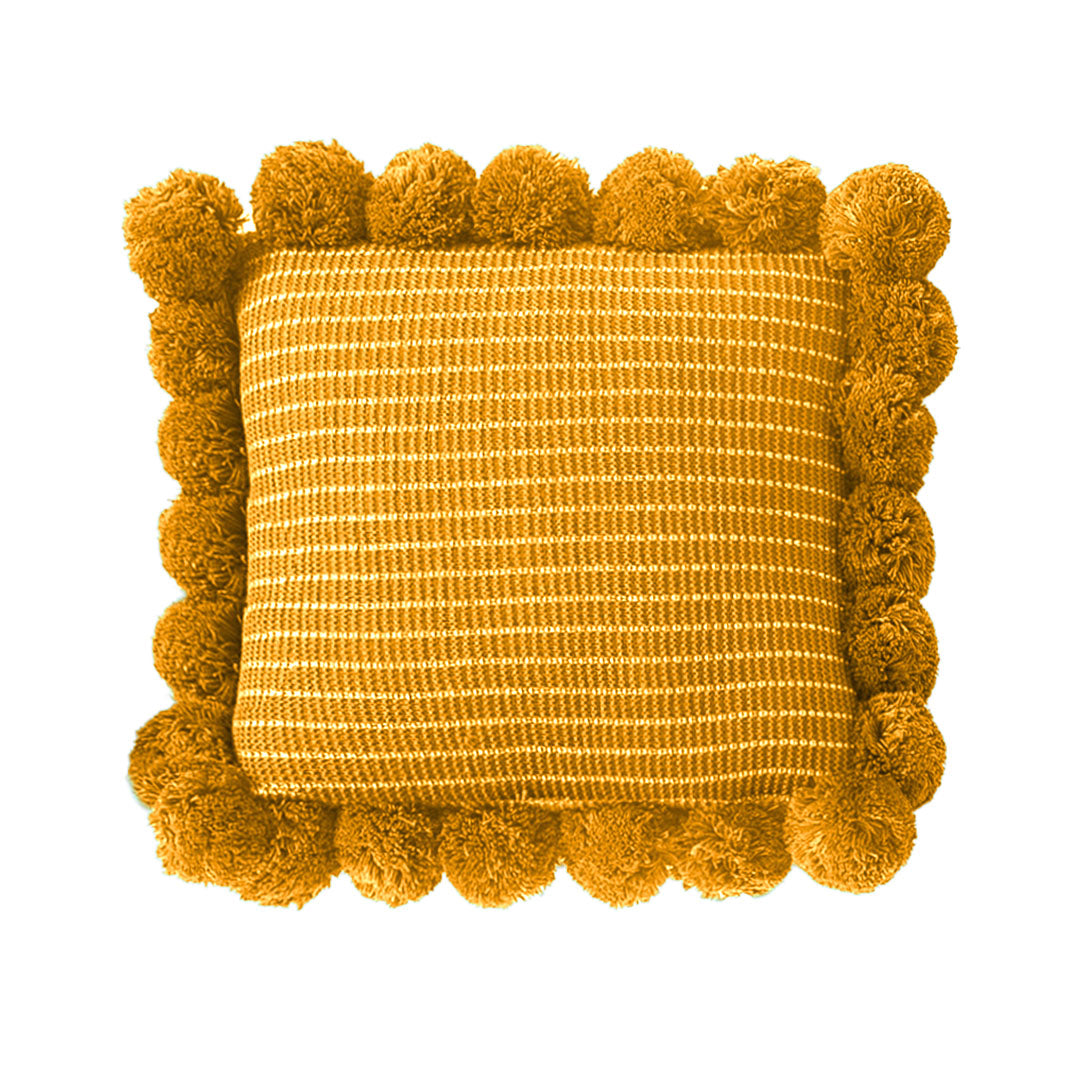 SOGA 45cm Mustard Yellow Ribbed Pillow Cover with Pom Poms