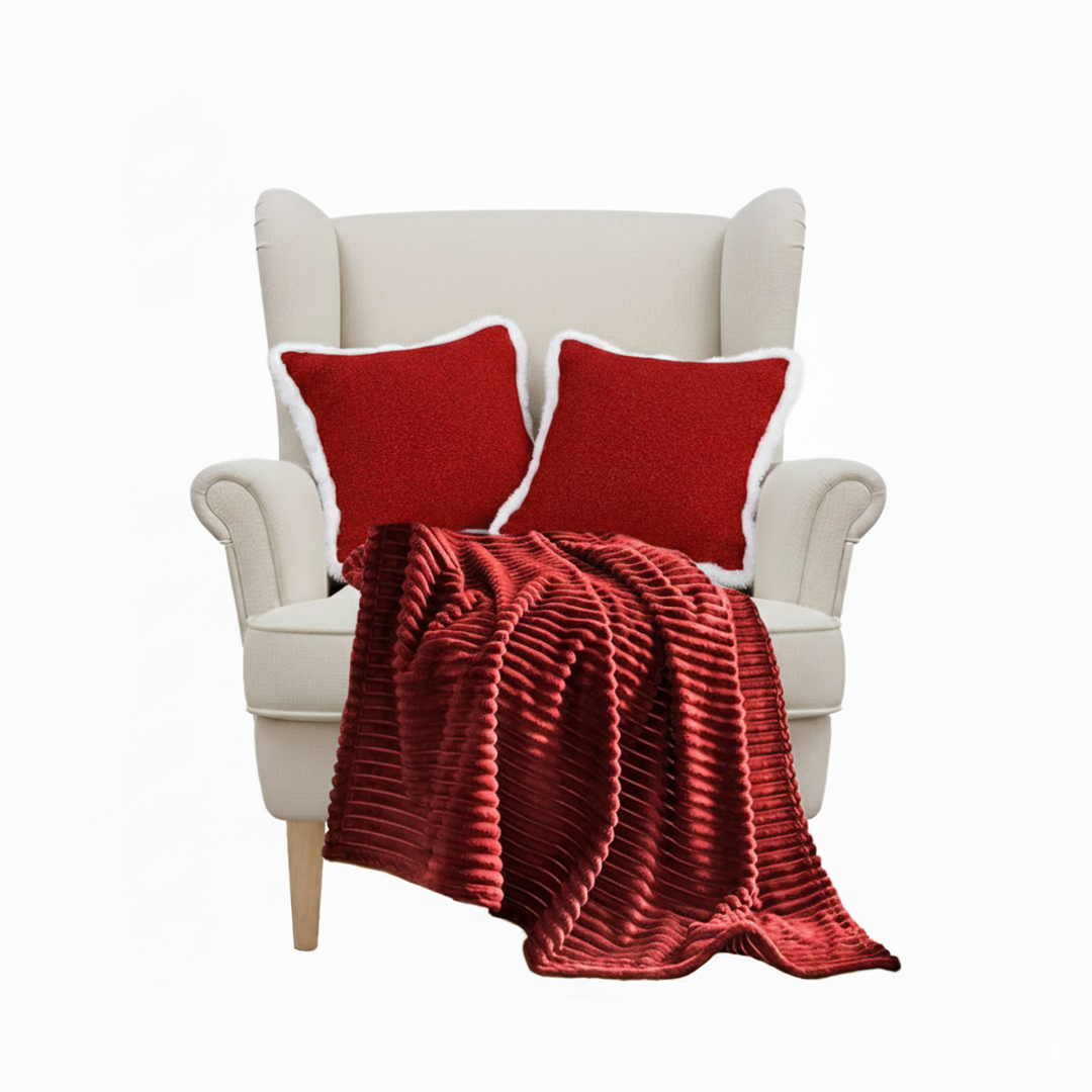 SOGA 3PC Cozy Set – Striped Flannel Throw Blanket with 2 Plush Crimson Red Pillow Covers