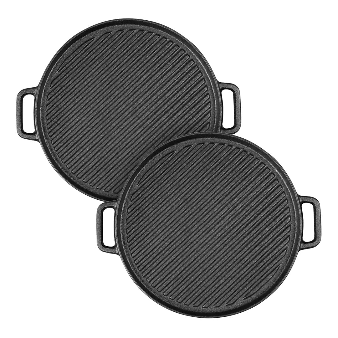 SOGA 2X 30cm Round Cast Iron Ribbed BBQ Pan Skillet Steak Sizzle Platter with Handle