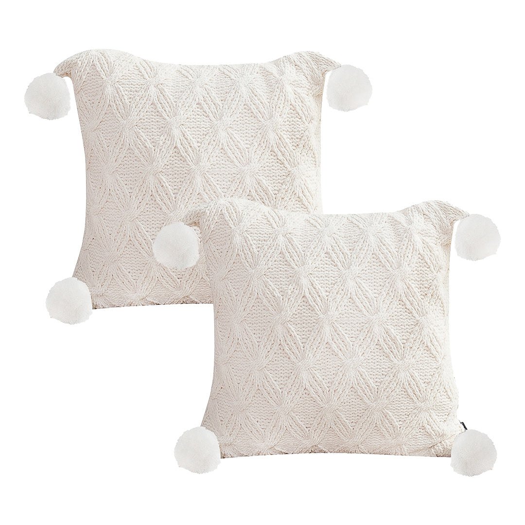 SOGA 2X 45cm Luxurious Ivory Diamond Knit Throw Pillowcase with Pom Poms
