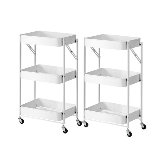 SOGA 2X 3 Tier Steel White Foldable Kitchen Cart Multi-Functional Shelves Portable Storage Organizer with Wheel