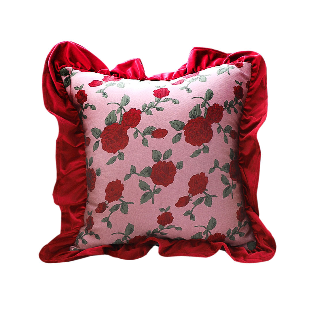 SOGA 45cm Rose Garden Pillow Cover with Burgundy Ruffle