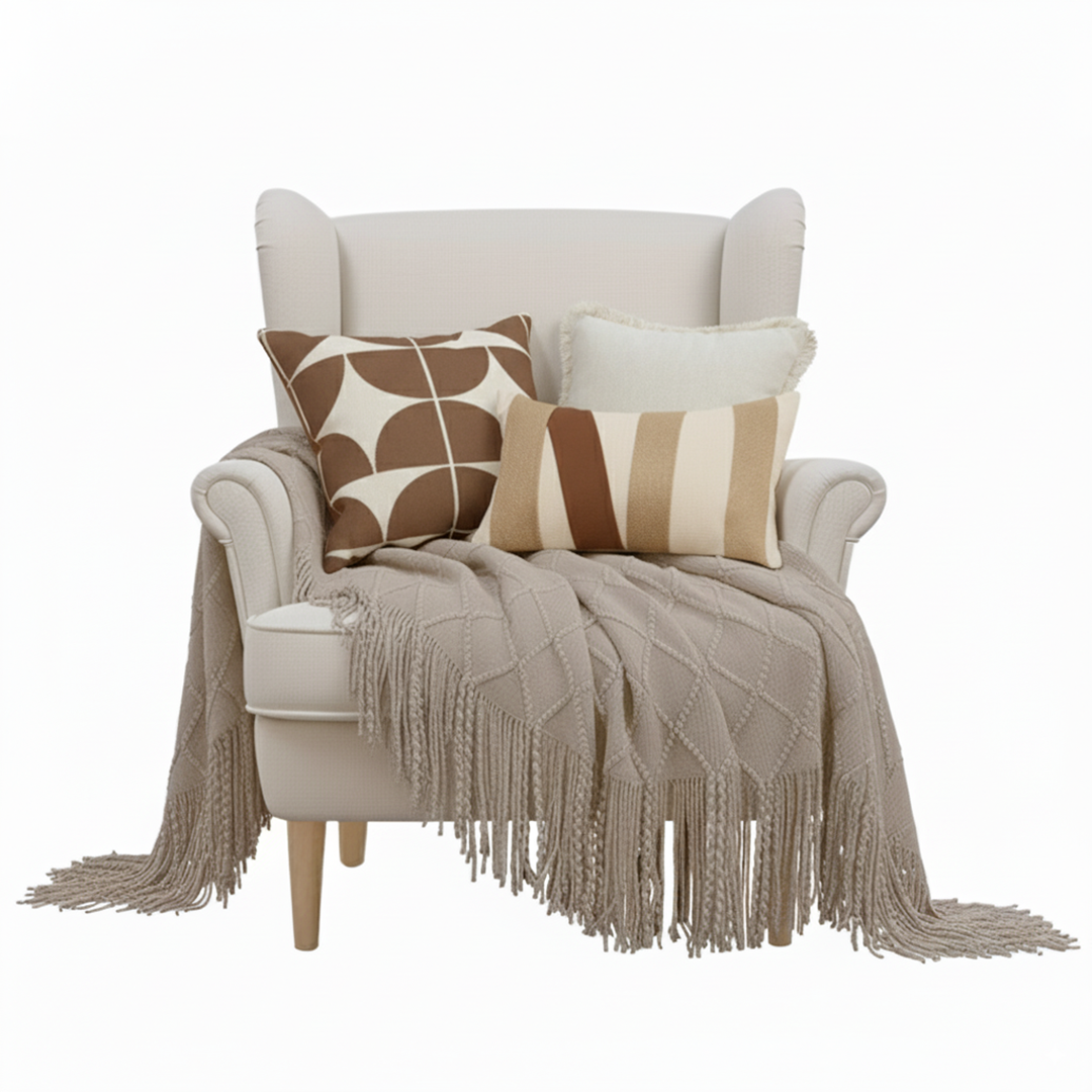 SOGA 4PC Set – Coffee Diamond Knitted Throw with Tassels + Striped, Geometric & Cream Pillowcases – stylish Decor