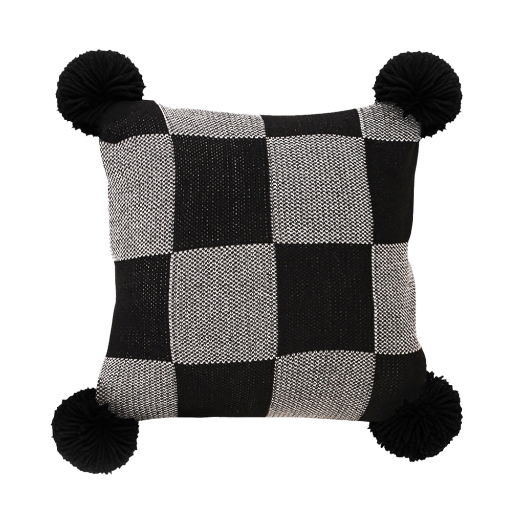 SOGA 45cm Modern Comfort Black & Gray Gingham Pillowcase with Pom Poms
