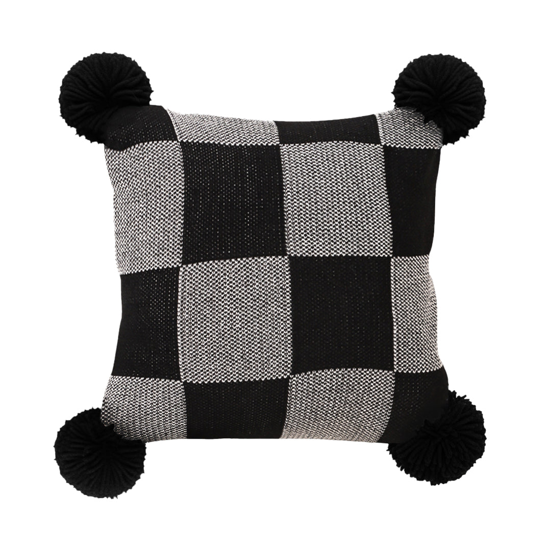 SOGA 45cm Modern Comfort Black & Gray Gingham Pillowcase with Pom Poms