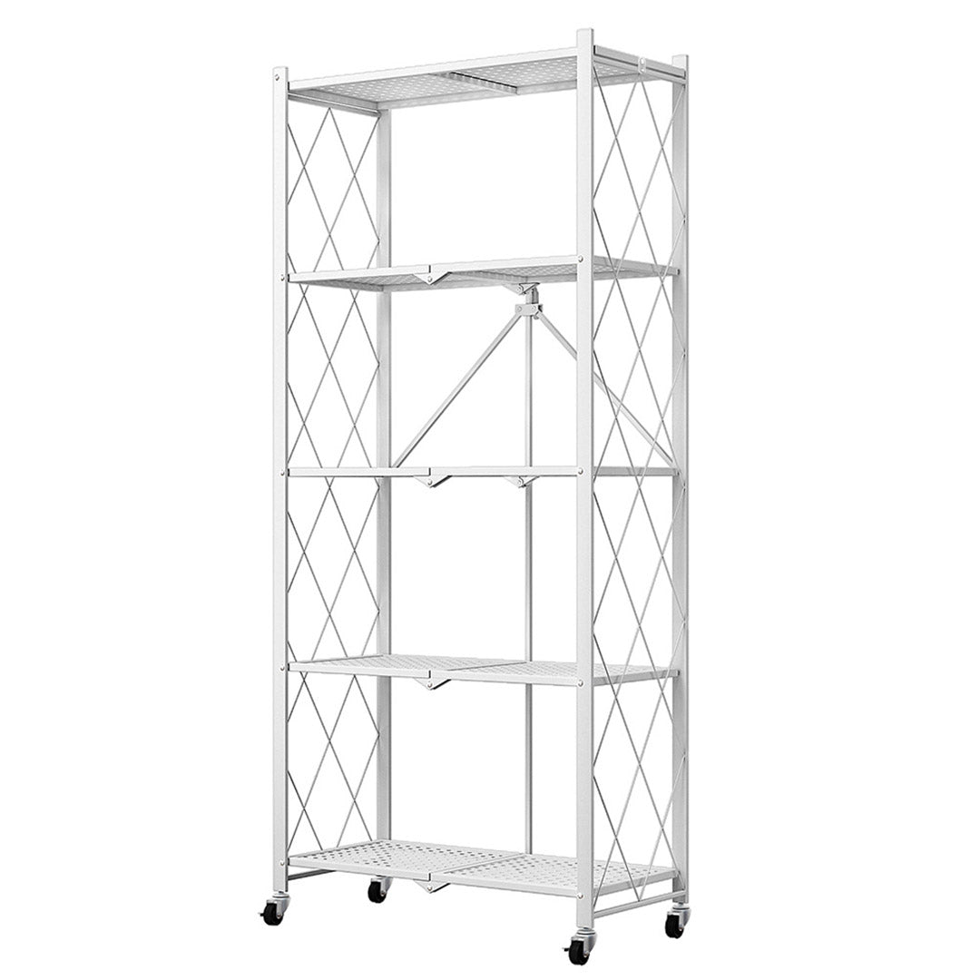 SOGA 5 Tier Steel White Foldable Kitchen Cart Multi-Functional Shelves Portable Storage Organizer with Wheels