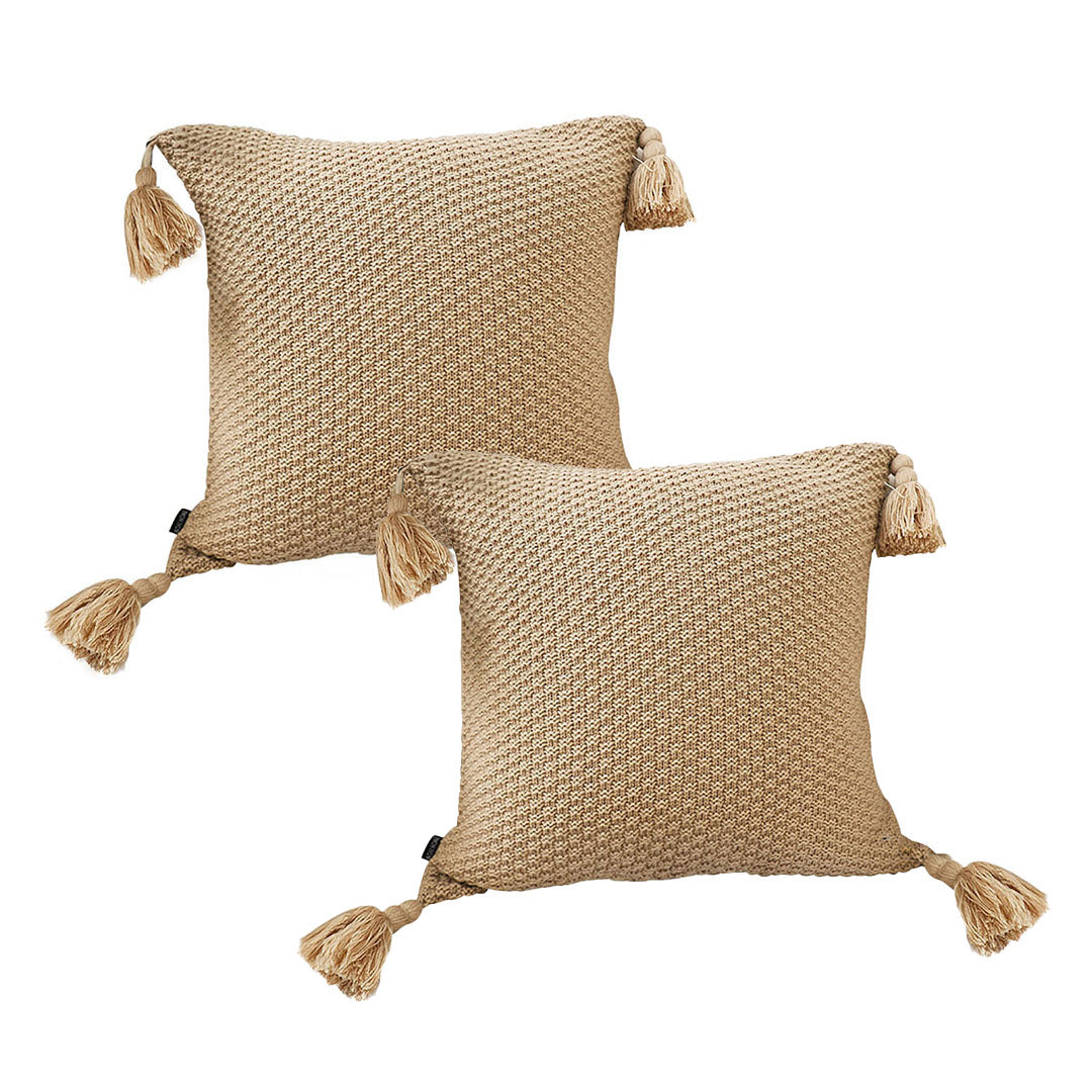 SOGA 2x 50CM Light Brown Pillow with Tassel Accents, Rizzy Transitional Cover Throw Pillow