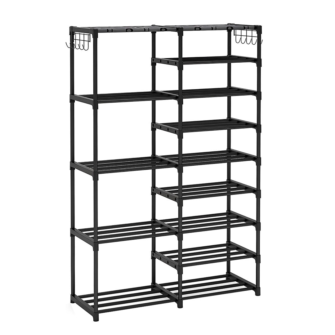 SOGA 16-Shelf Tier Shoe Storage Shelf Space-Saving Caddy Rack Organiser with Side Hooks Black