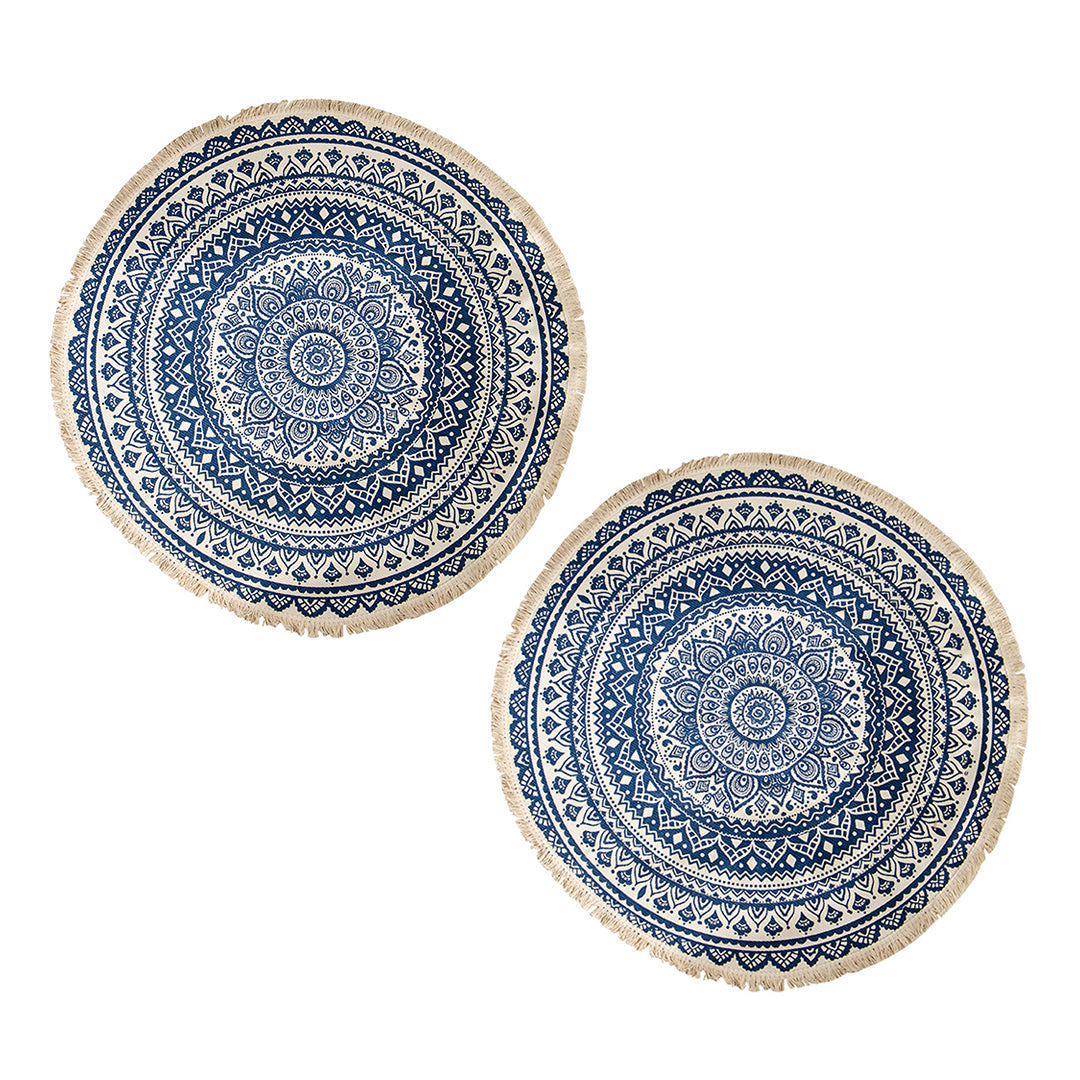 SOGA 2X Dark Blue Carpet Soft Linen Bohemian Non-Slip Floor Retro Minimalist Round Rug Home Decor with Tassels