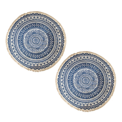 SOGA 2X Dark Blue Carpet Soft Linen Bohemian Non-Slip Floor Retro Minimalist Round Rug Home Decor with Tassels