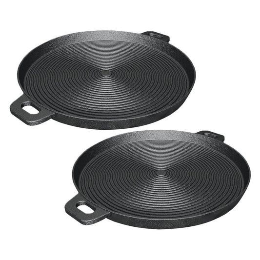 SOGA 2X 35cm Round Ribbed Cast Iron Frying Pan Skillet Steak Sizzle Platter with Handle