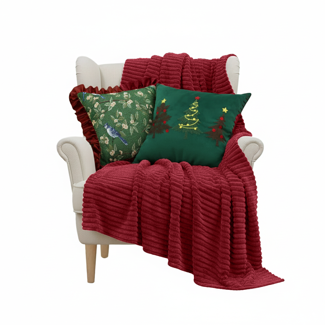 SOGA 5PC Christmas Set – Striped Flannel Throw Blanket with Tree Trio & Holiday Pillow Covers