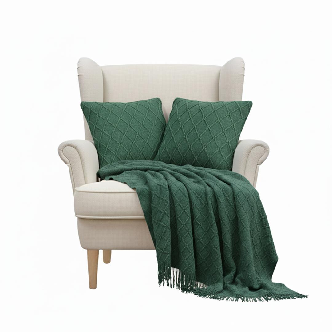 SOGA 4PC Cozy Green Set – Diamond Knit Throw Blanket with Forest Green & Botanical Garden Pillow Covers