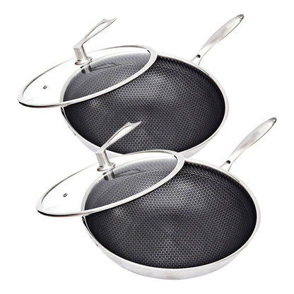 SOGA 2X 32cm Stainless Steel Tri-Ply Frying Cooking Fry Pan Textured Non Stick Interior Skillet with Glass Lid