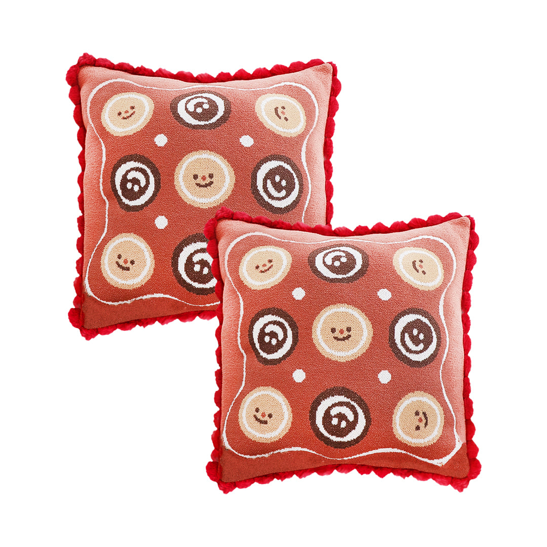 SOGA 2X 45cm Gingerbread Cookie Smiley Face Square Pillowcase with Red Pom-Pom Trim