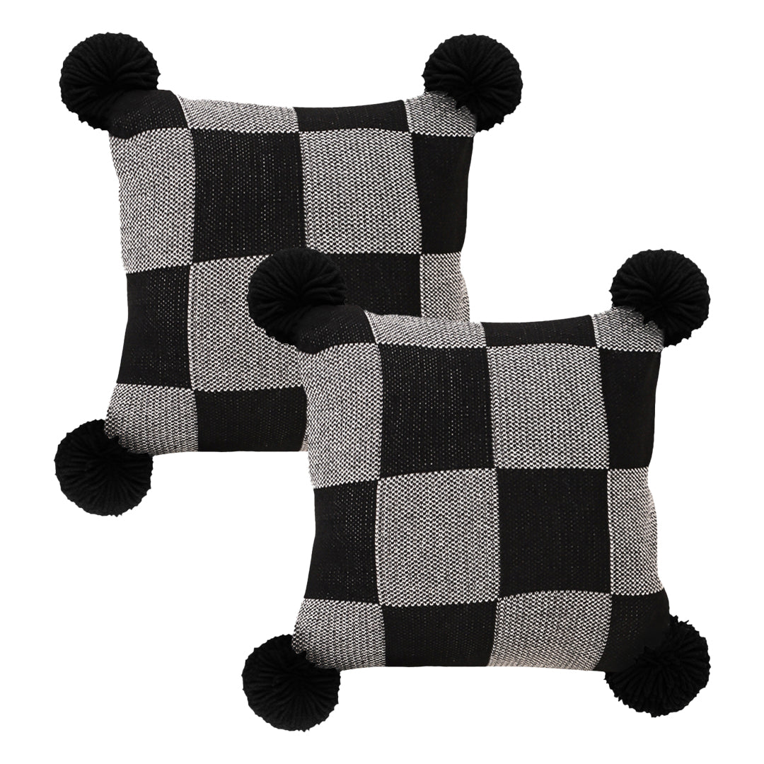 SOGA 2X 45cm Modern Comfort Black & Gray Gingham Pillowcase with Pom Poms
