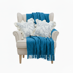 SOGA 3PC Cozy Set – Royal Blue Diamond Knit Throw Blanket with 2 White Floral Ruffle Trim Pillow Covers