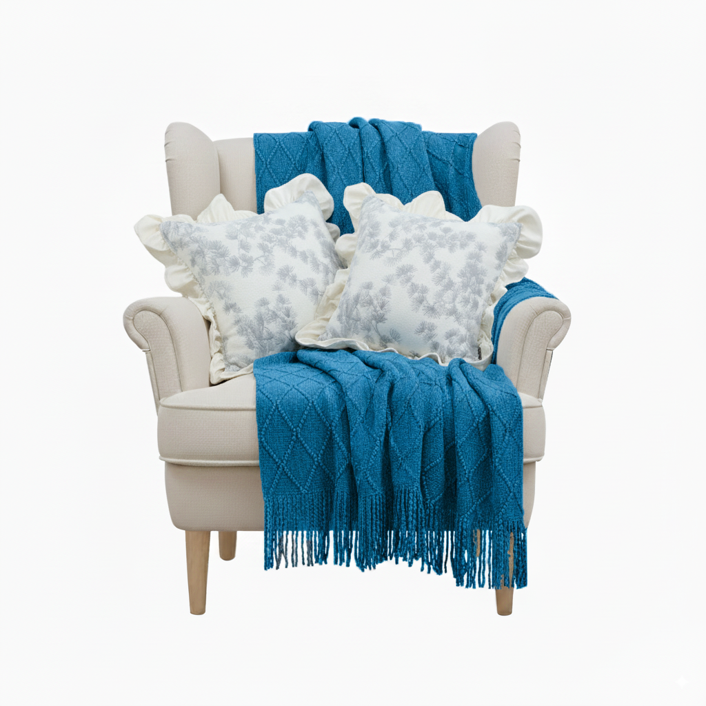 SOGA 3PC Cozy Set – Royal Blue Diamond Knit Throw Blanket with 2 White Floral Ruffle Trim Pillow Covers