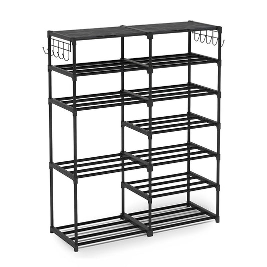 SOGA 12-Shelf Tier Shoe Storage Shelf Space-Saving Caddy Rack Organiser with Side Hooks Black