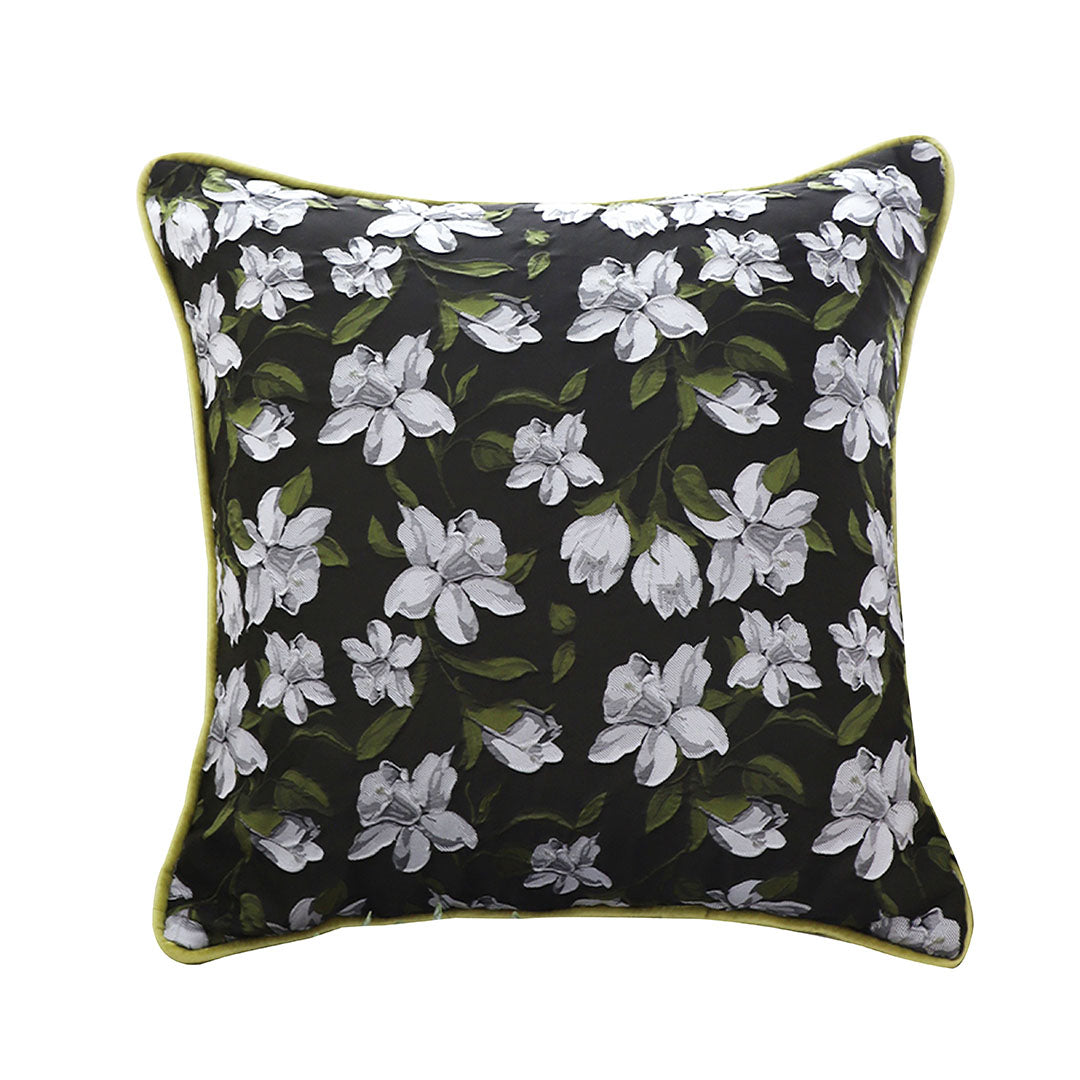 SOGA 45cm Black Floral Pillow Cover with Green Trim