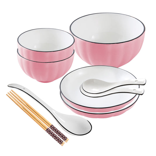 SOGA Pink Japanese Style Ceramic Dinnerware Crockery Soup Bowl Plate Server Kitchen Home Decor Set of 5