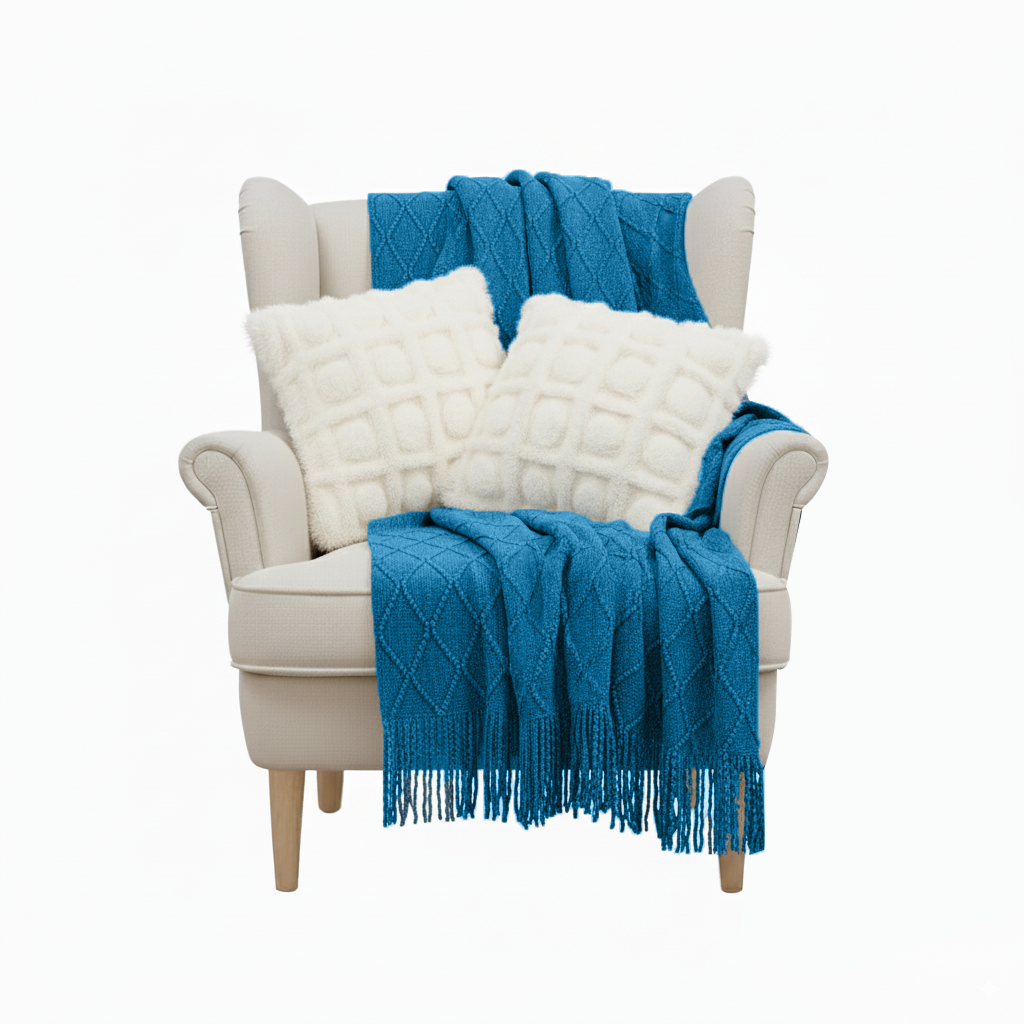 SOGA 3PC Cozy Set – Royal Blue Diamond Knit Throw Blanket with Cream Pom-Pom Grid Pillow Covers